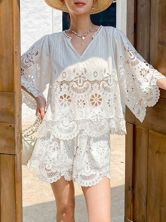 Morgan Vacation V-Neck Flare Sleeve Embroidered Lace Top