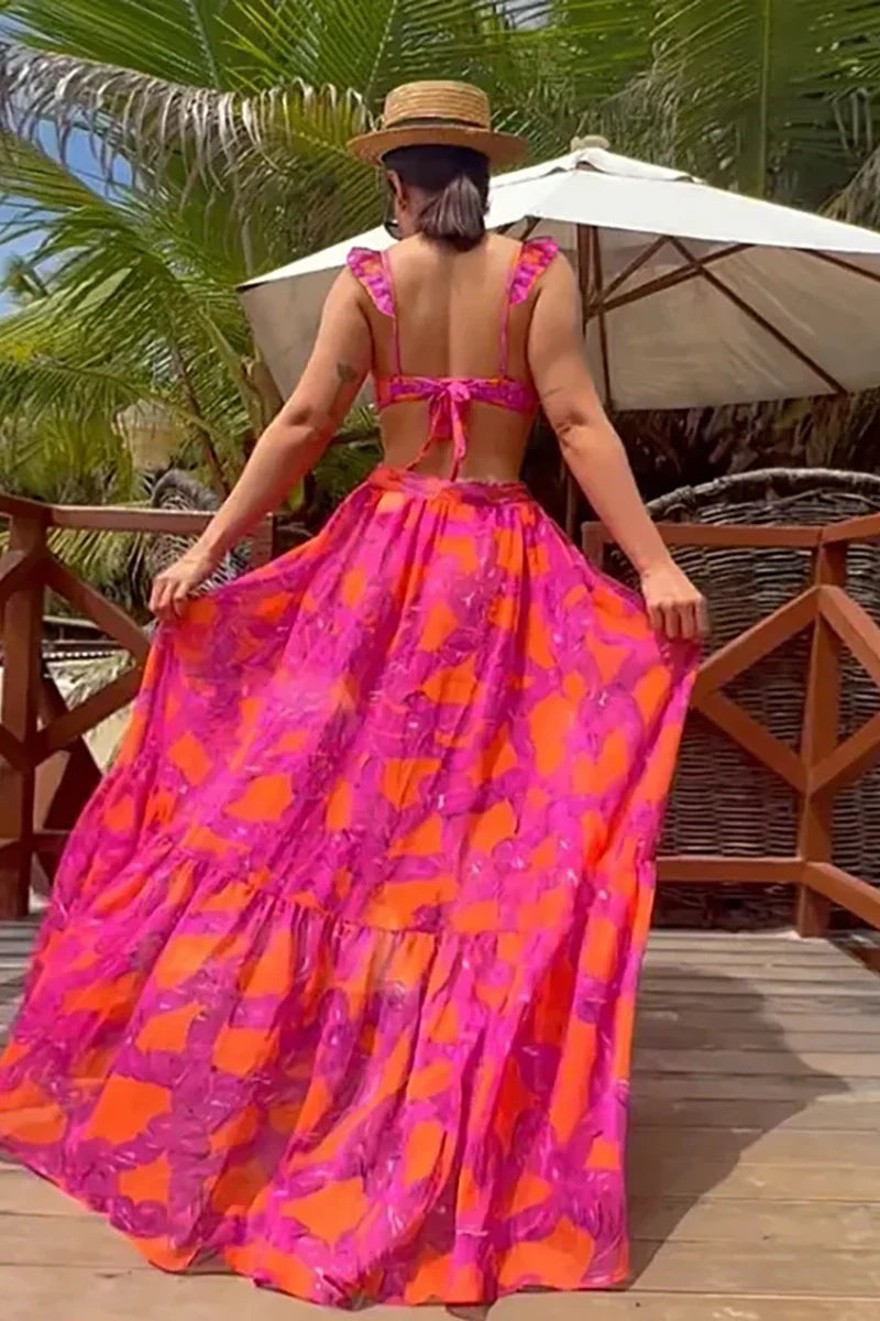 Conjunto de bikini de cintura alta con volantes florales