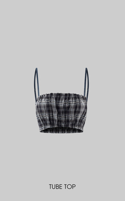 Plaid Hooded Shirt Jacket with Matching Plaid Tube Top Set