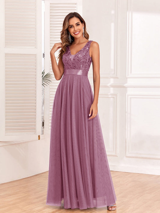 V-neck Embroidery Sequins Elegant Gauze Formal Dress Maxi Dresses