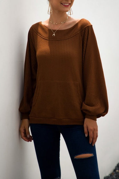 Loose Knitting Pocket Pullover Dew-Shoulder Tops(2 Colors)
