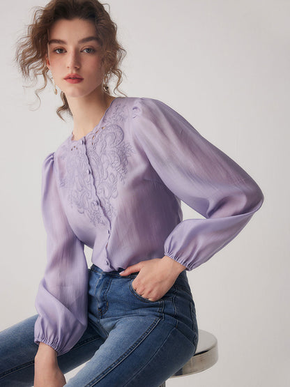 Jocelyn Elegant Embroidered Lantern Sleeve Shirt-White