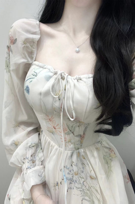 Long Sleeve Retro Floral Pattern Long Dress