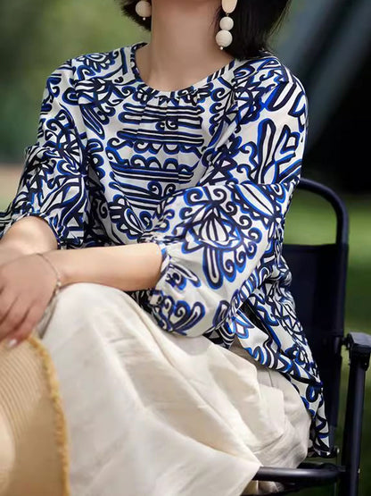 Sarah Retro Printed Puff Sleeve Top