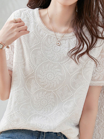 Valeria Elegant Crew Neck Lace Embroidered Chiffon Top
