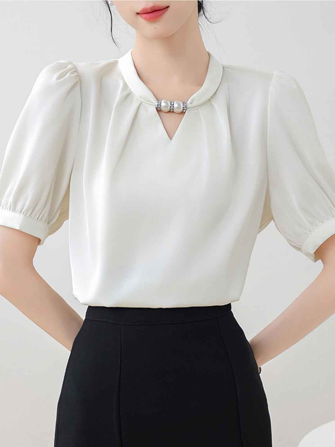 Morgan Classic Crew Neck Beaded Halter Satin Shirt