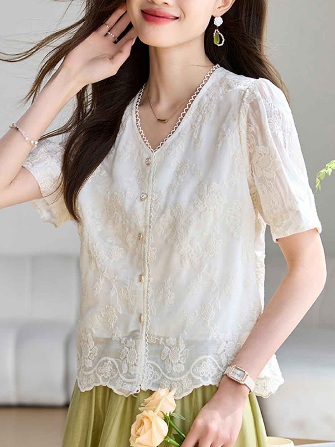 Jocelyn Retro V-Neck Patchwork Embroidered Top