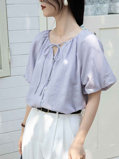 Valeria Classic V-Neck Puff Sleeve Solid Color Top