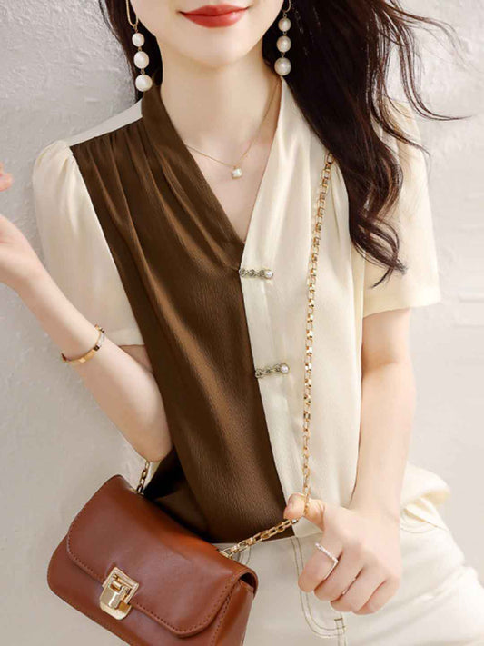 Rachel Classic V-Neck Puff Sleeve Contrasted Color Shirt