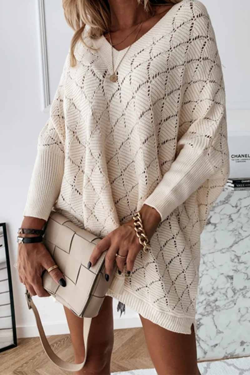 V-Neck Solid Color Hollow Bat Sleeve Sweater