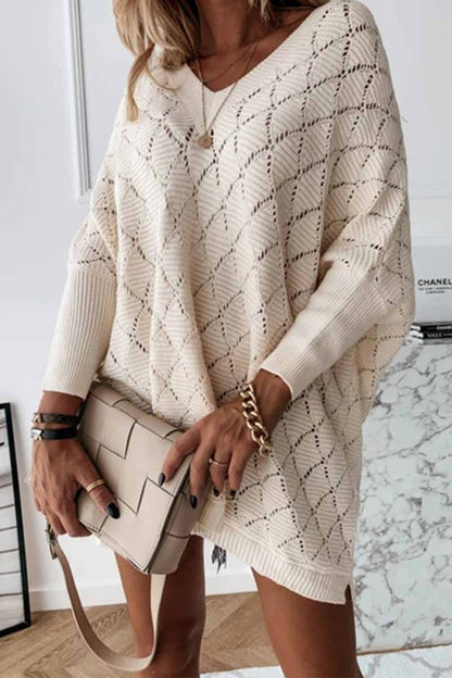V-Neck Solid Color Hollow Bat Sleeve Sweater