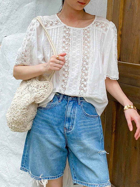 Zoe Loose Crew Neck Flare Sleeve Embroidered Top