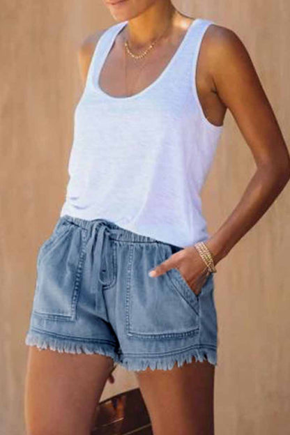 Lace-up Fringed Thin Denim Shorts