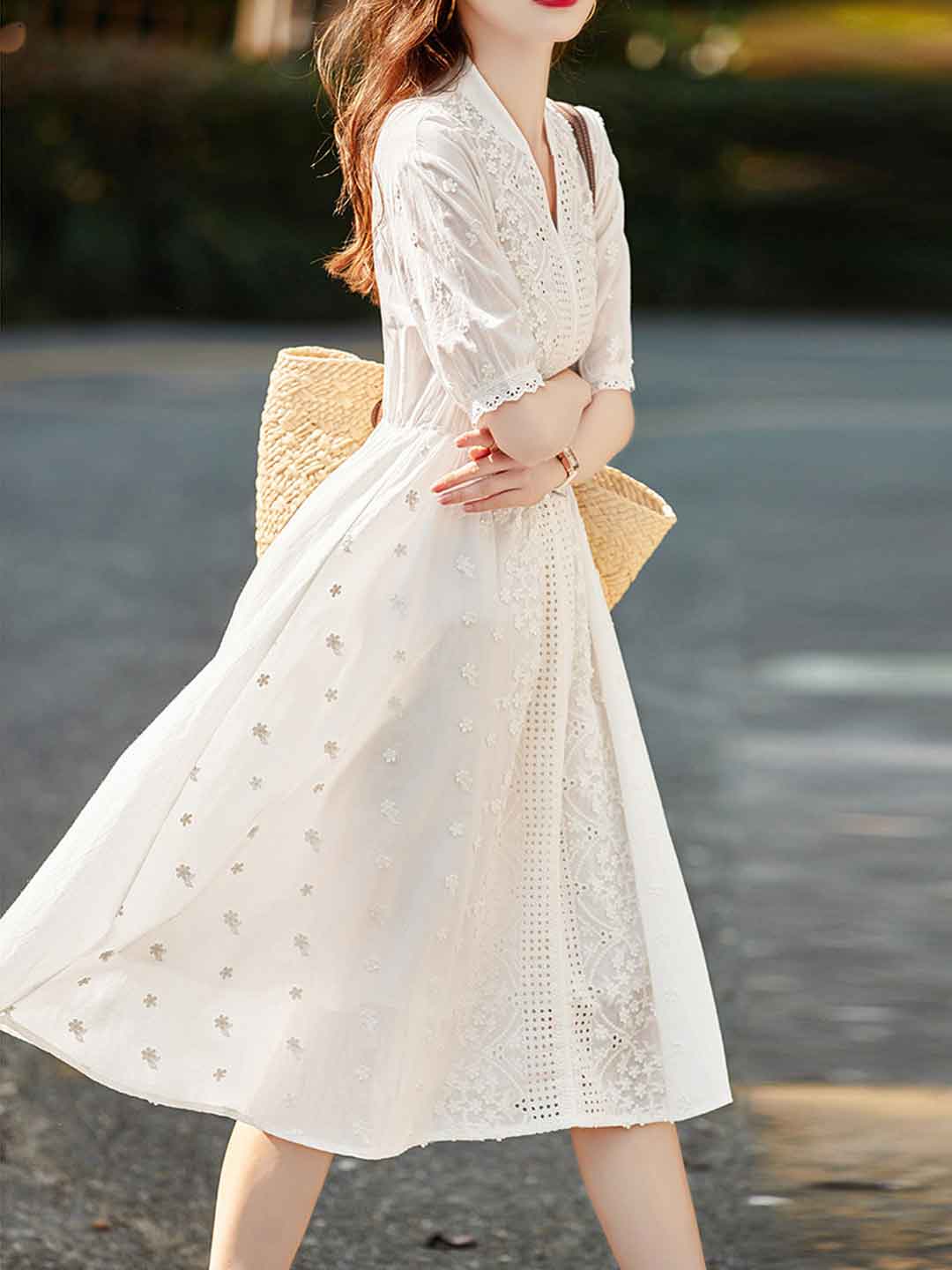 Kayla Classic V-Neck Solid Color Embroidered Dress