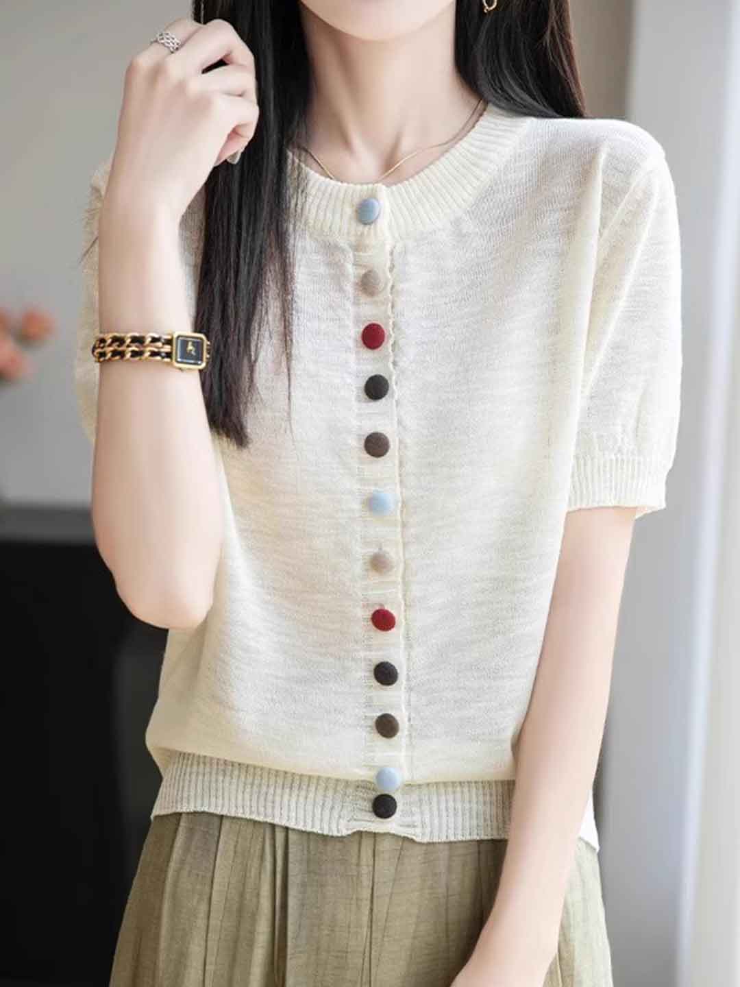 Mariah Loose Crew Neck Colorful Buttons Knitted Top