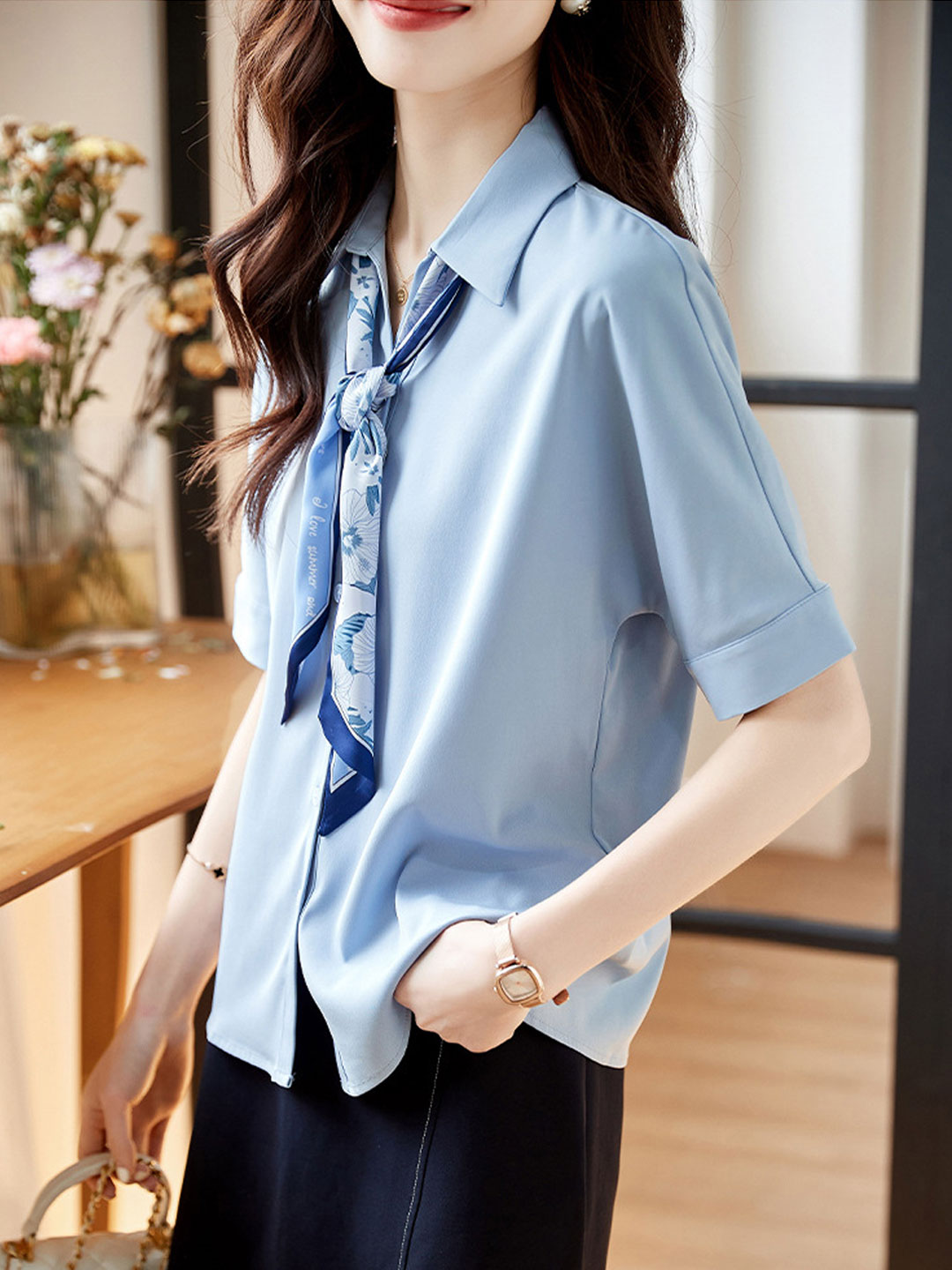 Madison Classic Bow Chiffon Shirt-Blue