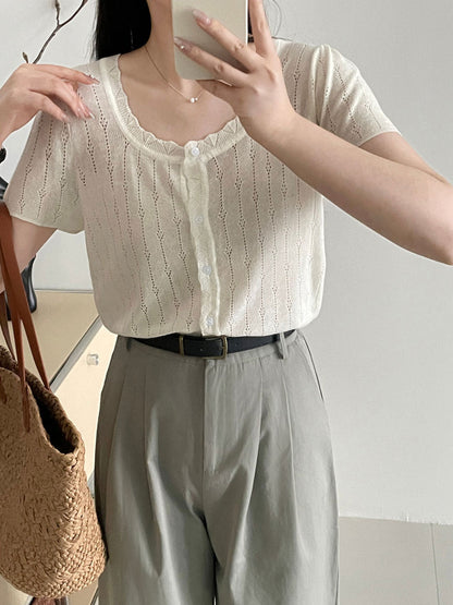 Madison Vacation Crew Neck Hollowed Jacquard Knitted Top