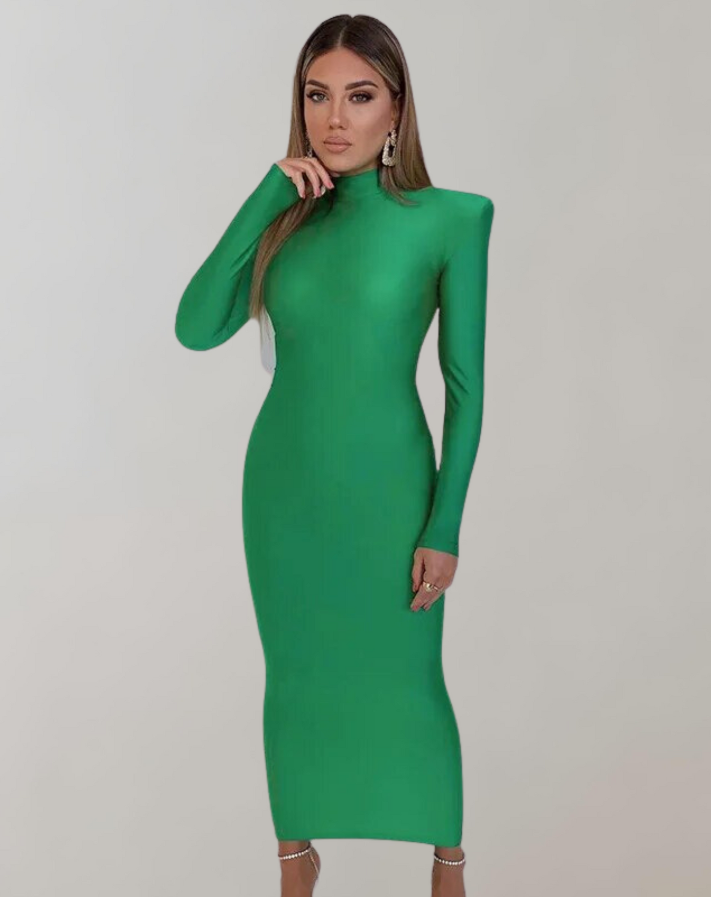 Women's Long Sleeve Maxi Dress with Turtleneck and Shoulder Pads