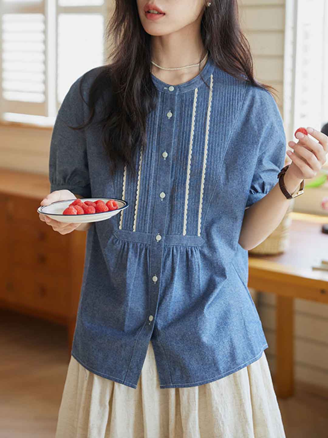 Mariah Loose Crew Neck Puff Sleeve Pleated Shirt