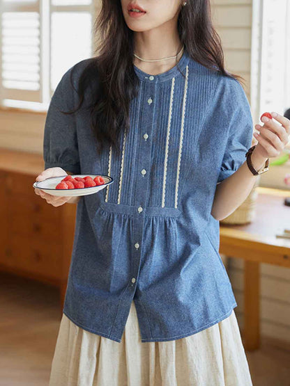 Mariah Loose Crew Neck Puff Sleeve Pleated Shirt