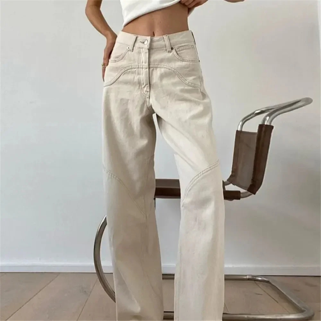 Women's Casual Low Waist Beige Wide Leg Flared Trousers | Great for Casual Days