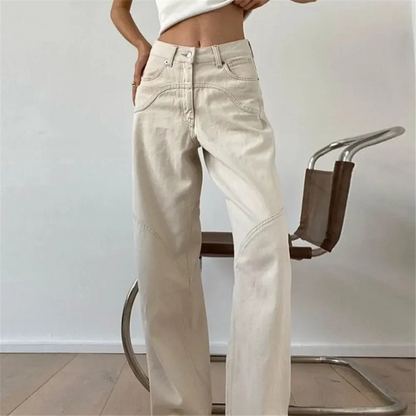 Women's Casual Low Waist Beige Wide Leg Flared Trousers | Great for Casual Days