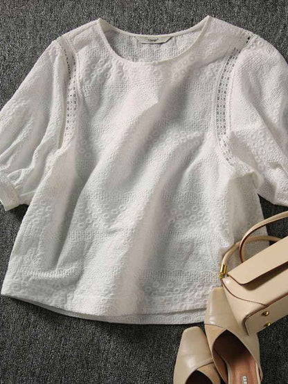 Mariah Elegant Crew Neck Puff Sleeve Hollowed Lace Top