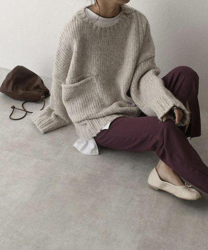 Jersey de punto extragrande con cuello redondo y bolsillo para mujer | Ideal para otoño/invierno