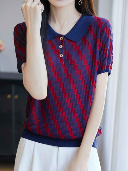 Maria Loose Lapel Jacquard Color-Block Knitted Top