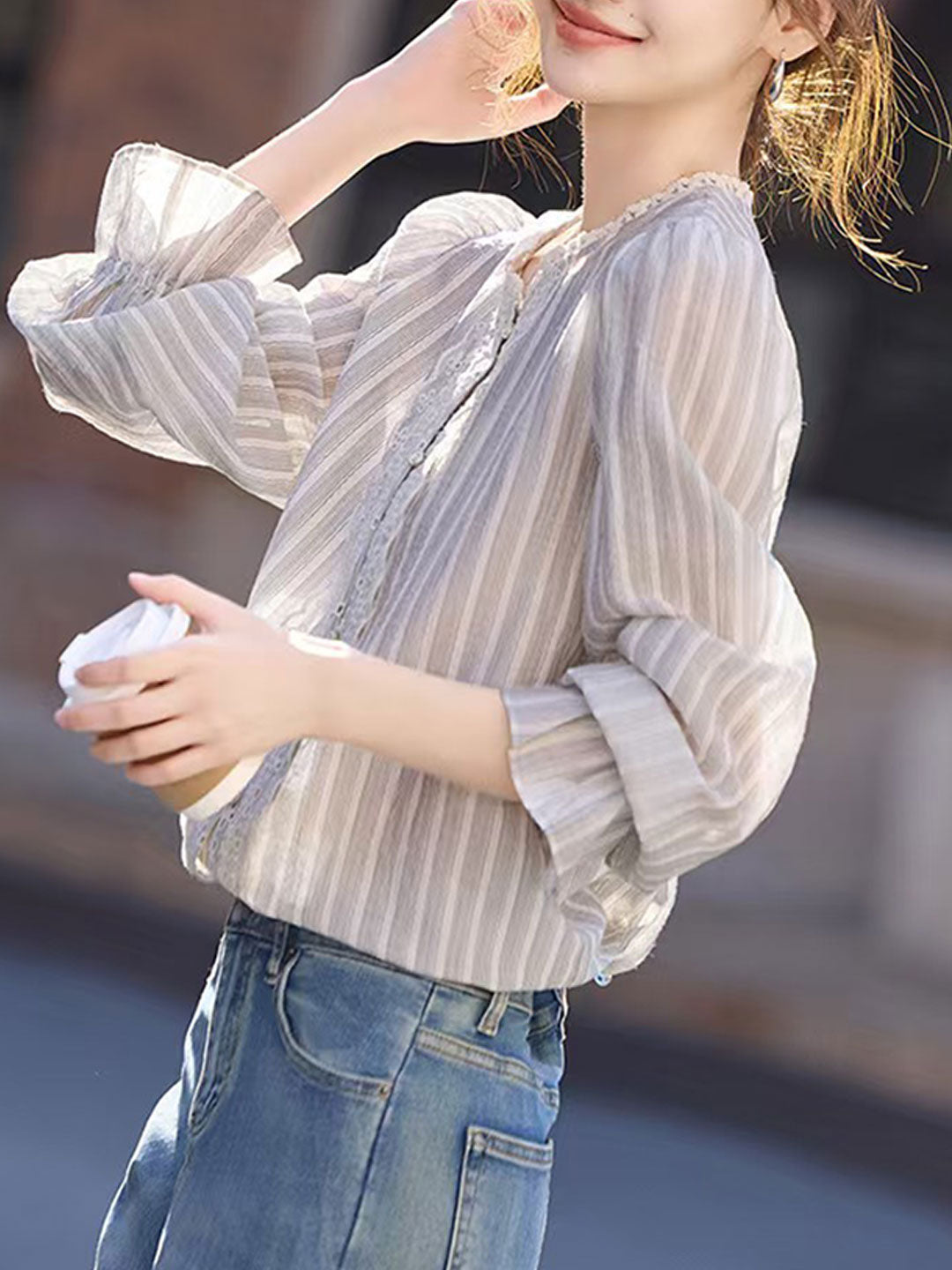 Jessica Vintage Mesh Embroidered Striped Lace Shirt