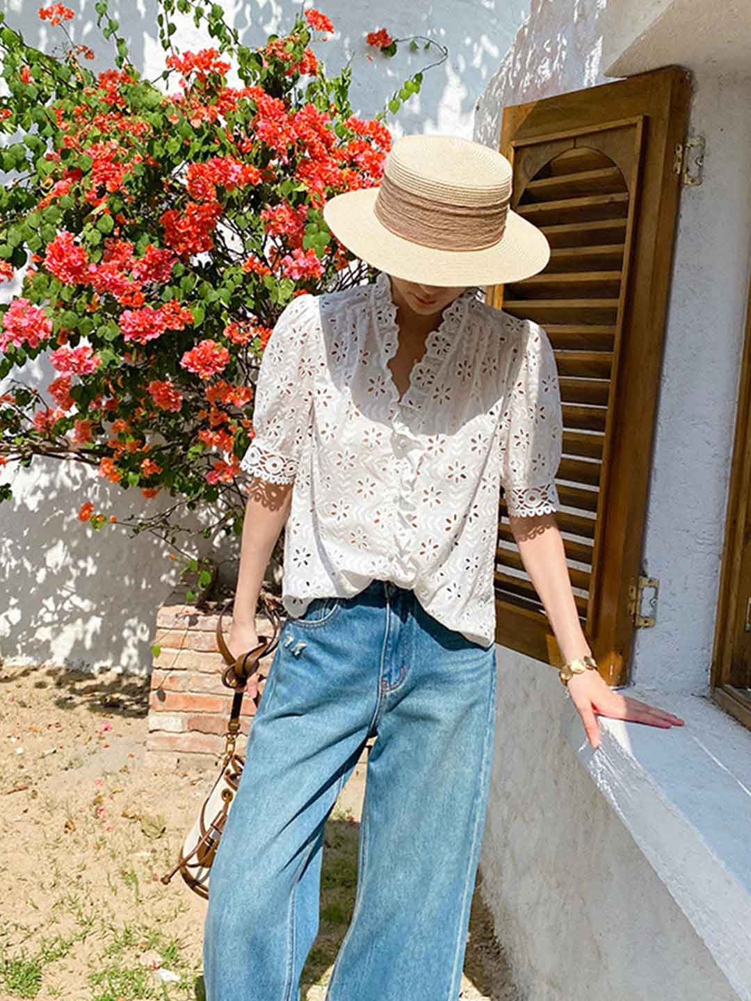 Julia Elegant V-Neck Puff Sleeve Embroidered Top