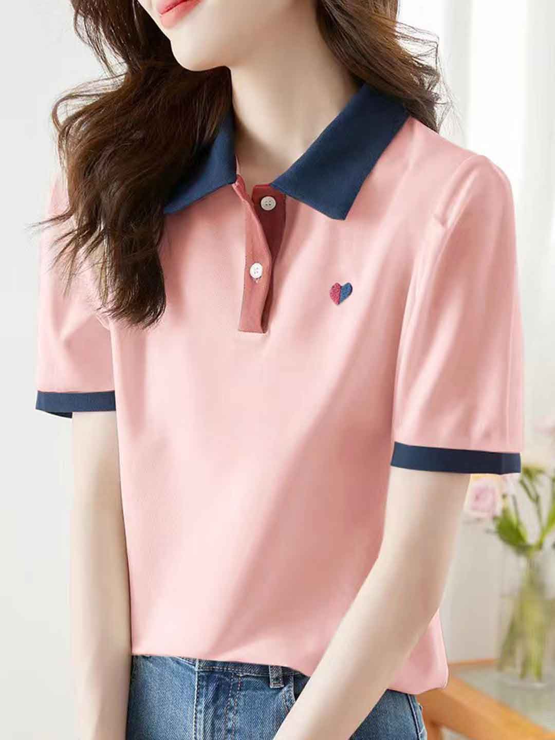 Morgan Casual Polo Collar Solid Color Top