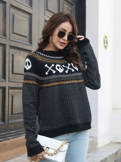 Suéter de punto con cuello redondo y estampado de calavera retro 