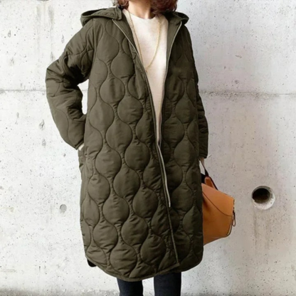 Elegante abrigo largo acolchado con capucha para mujer | Ideal para el invierno