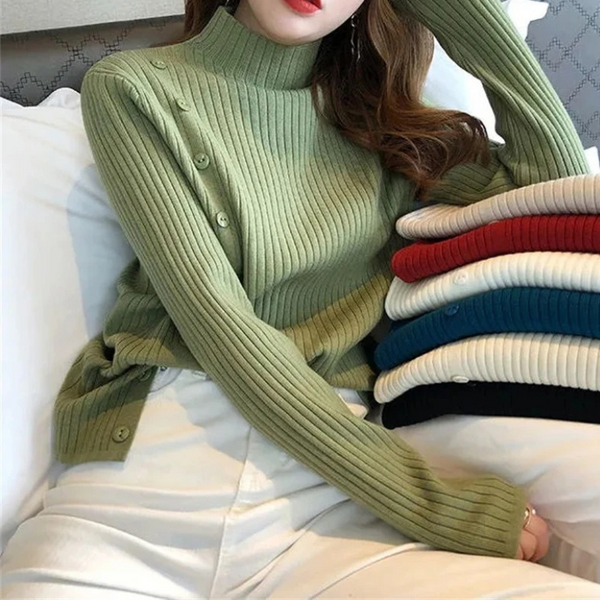 Elegante jersey de punto de cuello alto para mujer con botón y abertura | Ideal para otoño/invierno