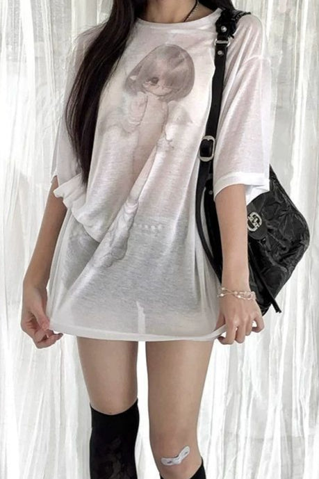 Vintage Angel Print Loose Sunscreen T-shirt