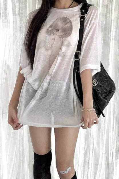 Vintage Angel Print Loose Sunscreen T-shirt