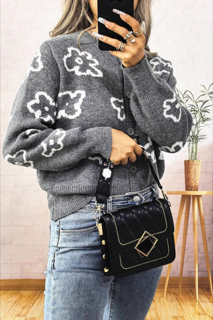 Floral Jacquard Short Single-Row Button Knit Cardigan