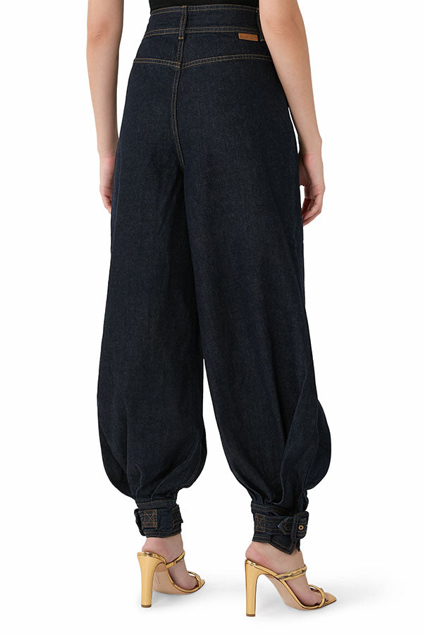 Luna Denim High Rise Pocket Adjustable Buckle Ankle Strap Harem Pants