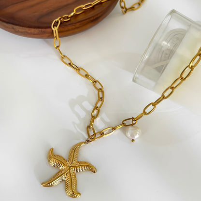Starfish Pearl Pendant Necklace - Oceanic Elegance