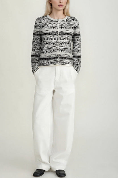Vintage Jacquard Crew Neck Button Knit Cardigan