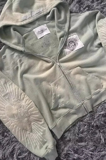 Letter Embroidery Zipper Hoodie