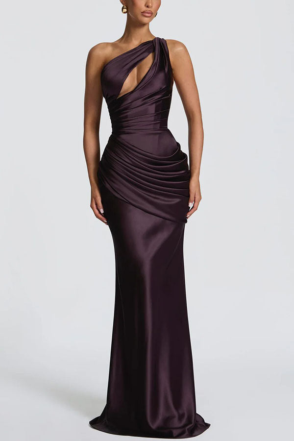 Emina Satin One Shoulder Asymmetrical Neck Cutout Back Lace-up Drape Maxi Dress