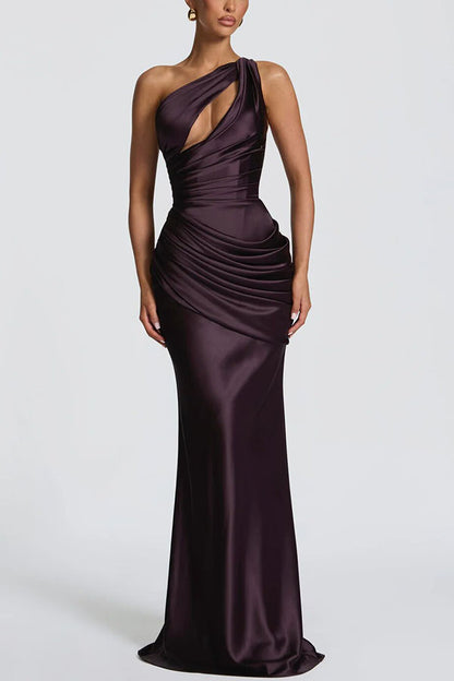 Emina Satin One Shoulder Asymmetrical Neck Cutout Back Lace-up Drape Maxi Dress