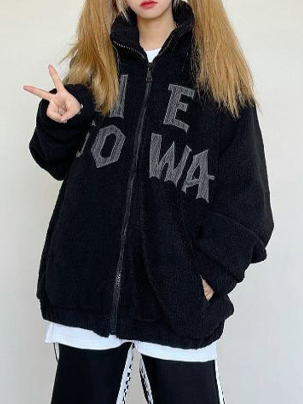 Letter Embroidered Lambswool Oversized Jacket