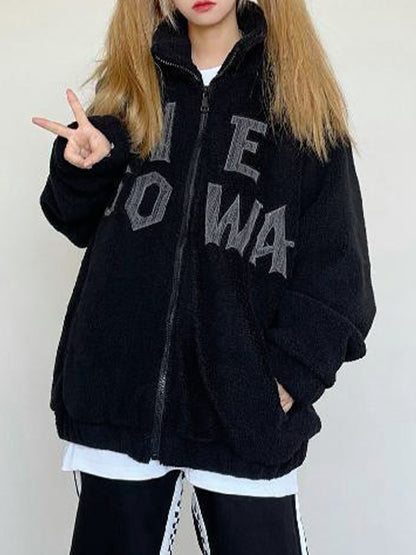 Letter Embroidered Lambswool Oversized Jacket