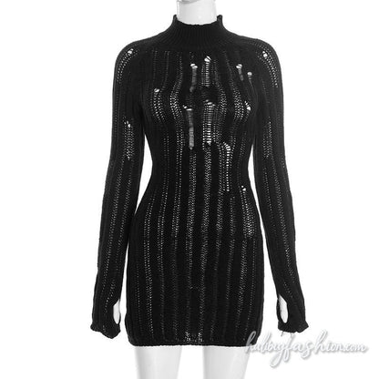 Long sleeve high neck hollow out solid mini dress