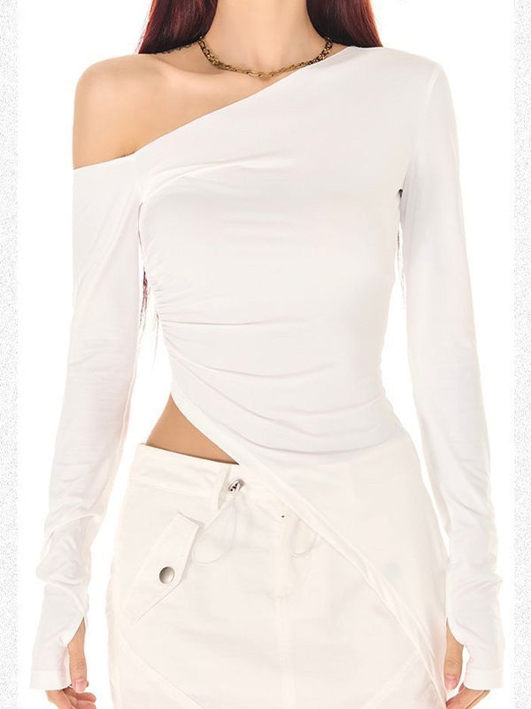 Slanted Shoulder Ruched Irregular Hem Long Sleeve Tee