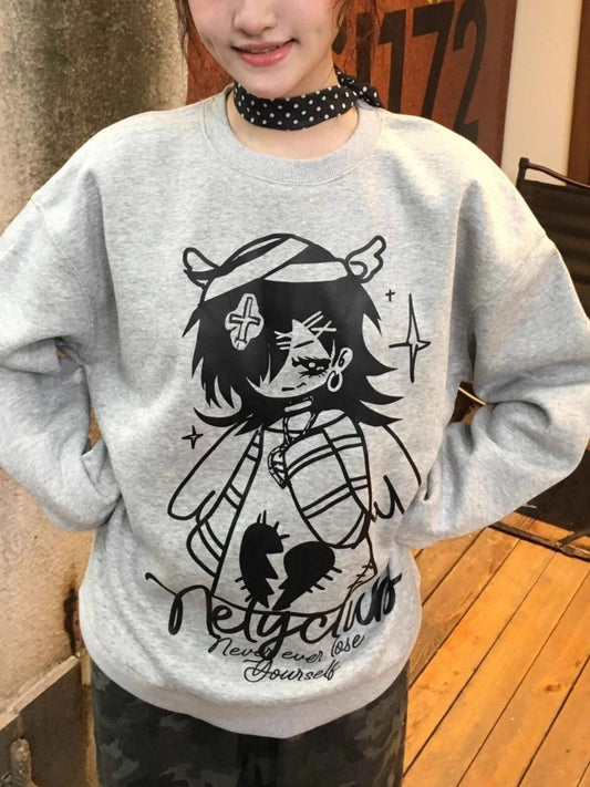 Bandage Angel Print Grey Subculture Loose Sweatshirt