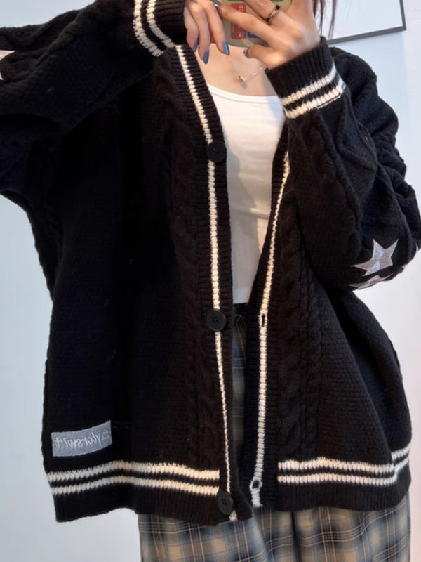 Oversize Star Embroidered Cable Knit Cardigan